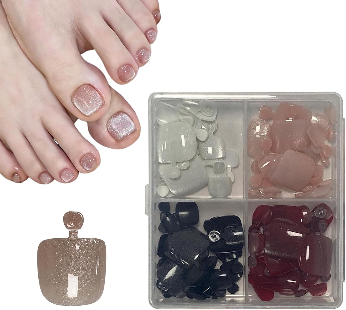 Eye Press-On teennagels, 4 kleuren, glanzend, kort, vierkant, kunstnagels voor de tenen, zachte gel voor nagels voor vrouwen, 96 stuk(s), 12 maten, kunstnagels voor op