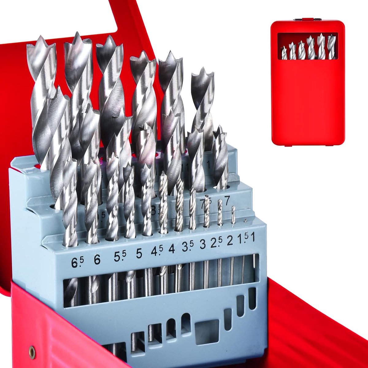 25-delige houtboorset 1-13 mm, HSS spiraalboor complete set voor hout, rubber, polyurethaan, kunststof, boorset hout met koffer, punthoek 135° (rood)
