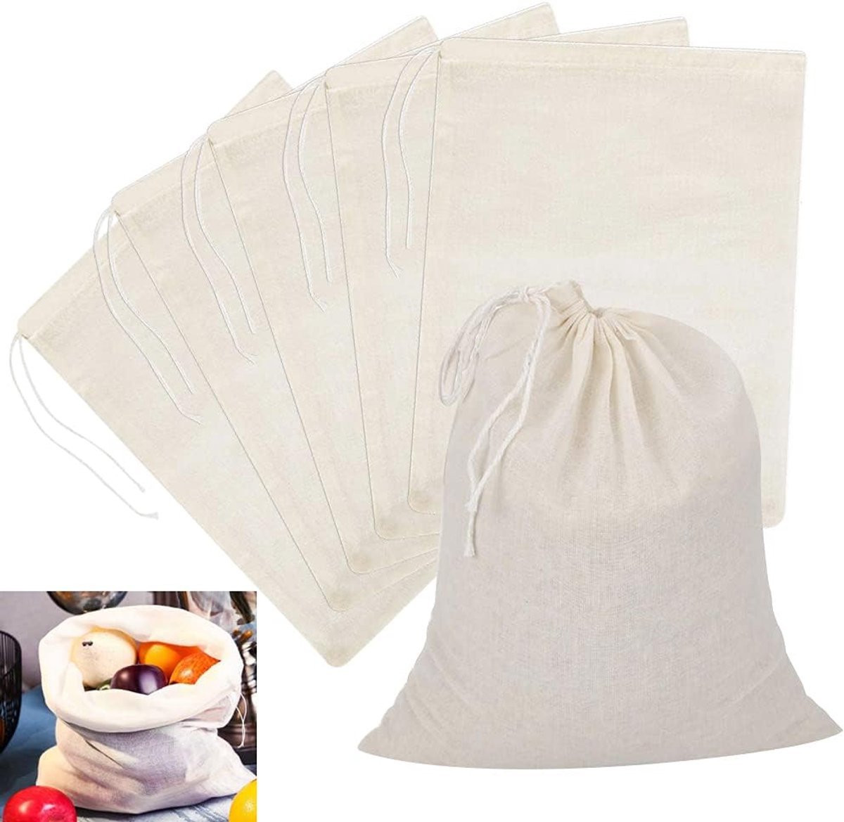 6-delige mousseline katoenen zeefzakken - herbruikbare 50 x 40 cm grote fijnmazige keukenzeef filterzakken voor fruit, boter, wijn, bier, jam, melk en thuis brouwen