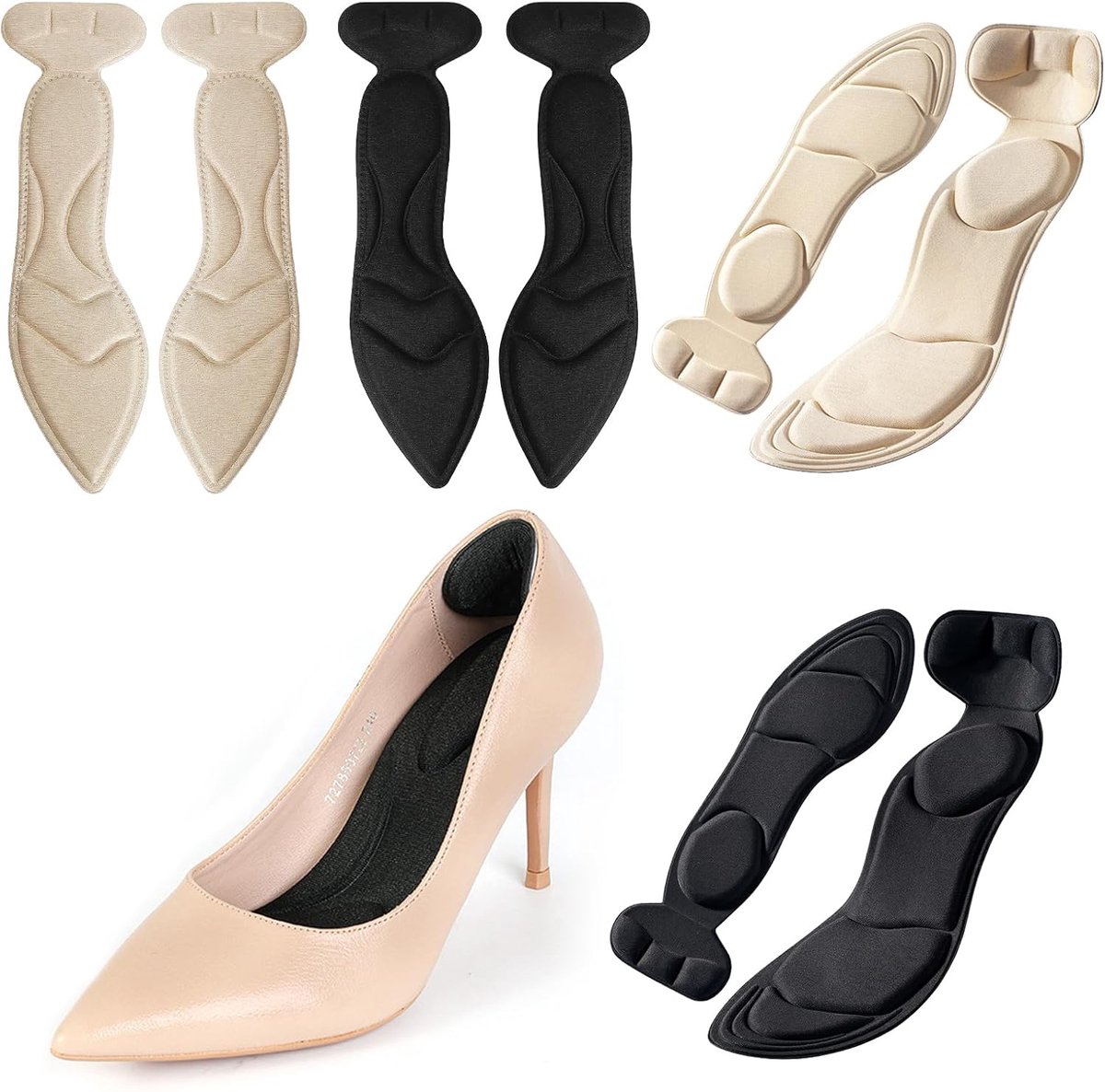4 paar inlegzolen voor dames, zelfklevende inlegzolen, inlegzolen voor hoge hakken, schoenen tegen druk op de voorvoet en voetglijden, trimbare inlegzolen met hielbescherming