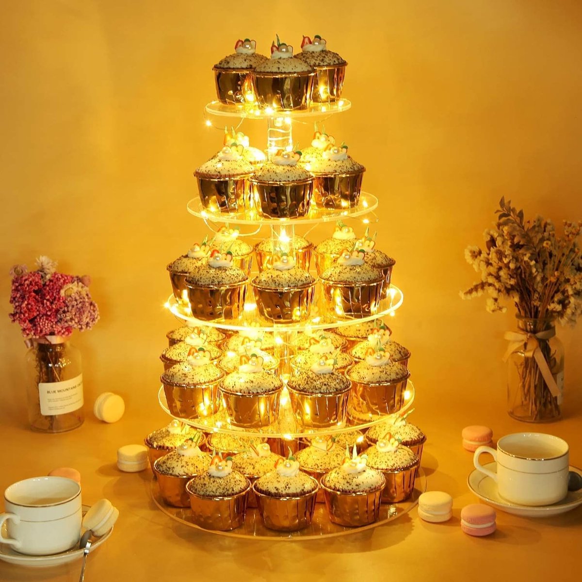 5-laags Cupcake Stand Acryl Ronde Toren Display + Gele LED-lichtsnoer, Taarthouder Dessertboom Toren voor Verjaardag, Bruiloft, Afstuderen, Jubileum & Feest, 5 Lagen voor 15/20/25/30/35cm
