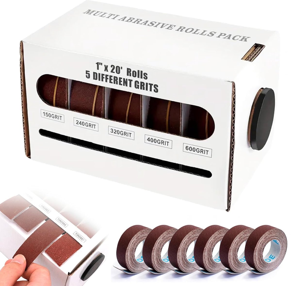 Schuurvliesrol, 25 mm x 6 m, set met 6 rollen schuurpapierset met dispenserbox, korrel 80, 120, 240, 320, 400, 600, schuurvlies voor metaal en schuurvlies hout voor meubels en handwerk