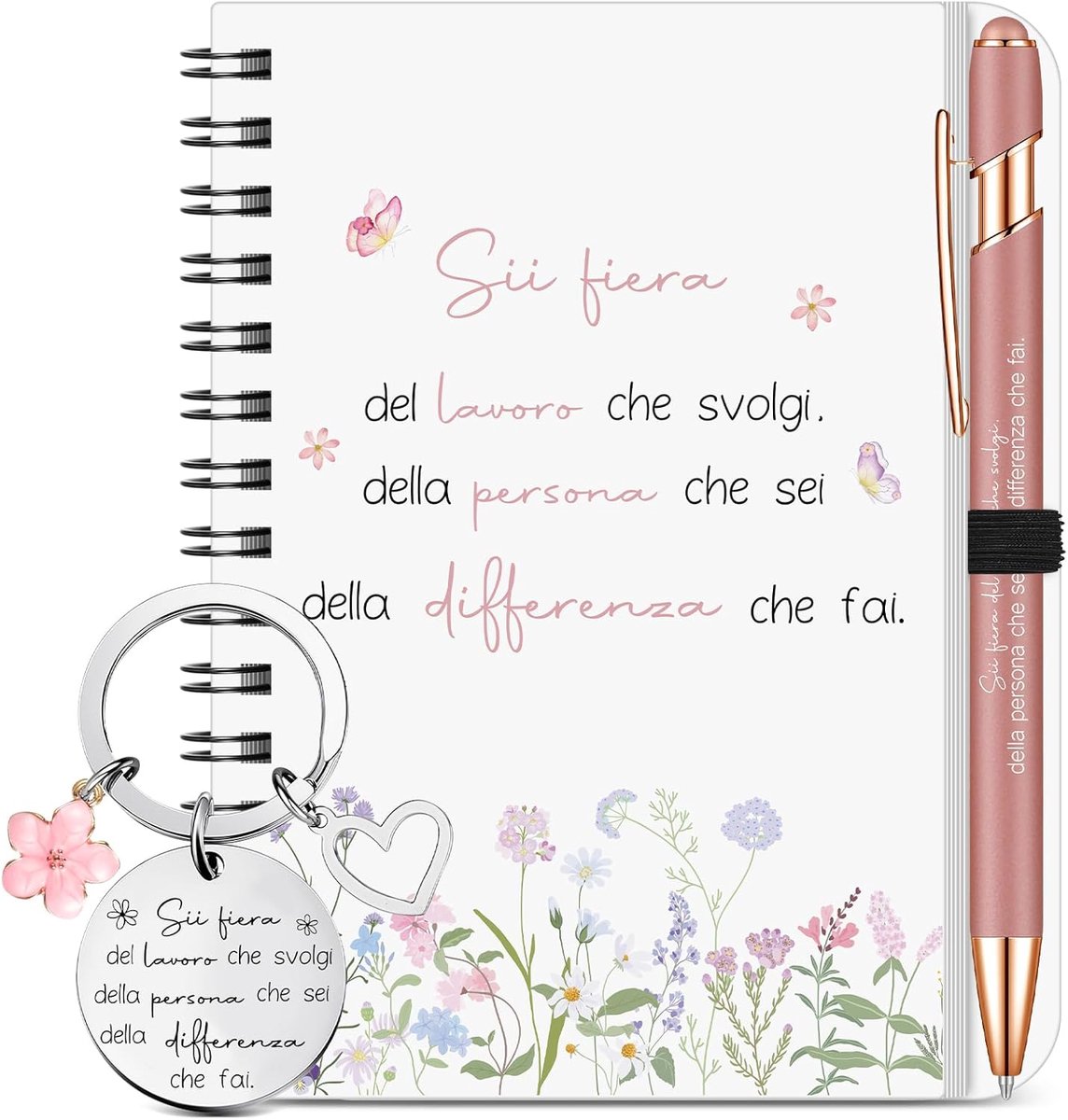 3 Delig Motiverende Cadeauset Bloemenspiraalnotitieboek Inspirerende Balpen Sleutelhanger Origineel Cadeau Verjaardag en Kerstcadeaus Voor Vrouwen Vriendinnen en Collega(Trots)