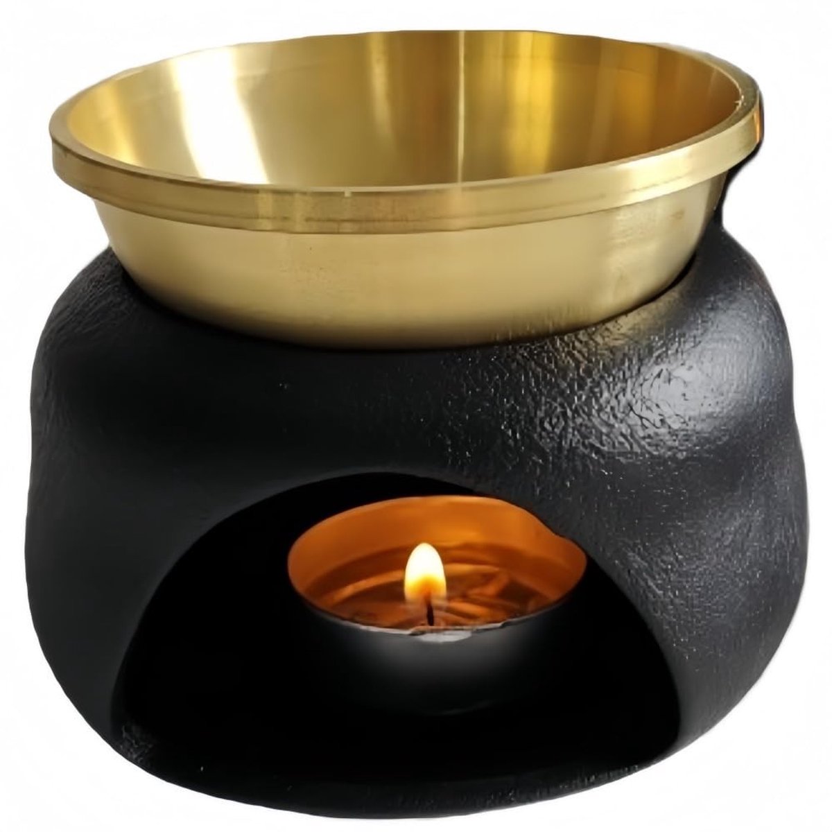 Omgoods - Keramische Aromatherapie Lamp - Theelichthouder & Oliebrander - Zwart en Koperen Pot