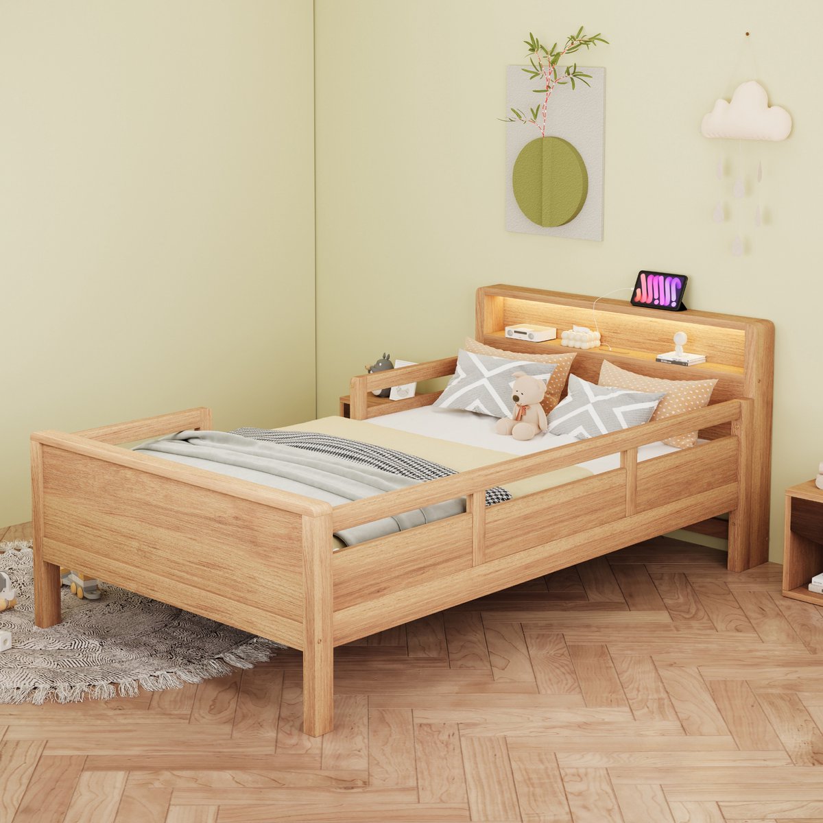 MIVRAY Kinderbed 90x200 cm Zonder Matras - Eenpersoonsbed Met USB en USB C Aansluiting en LED Lamp - Met Opbergvak - Hout - Naturel