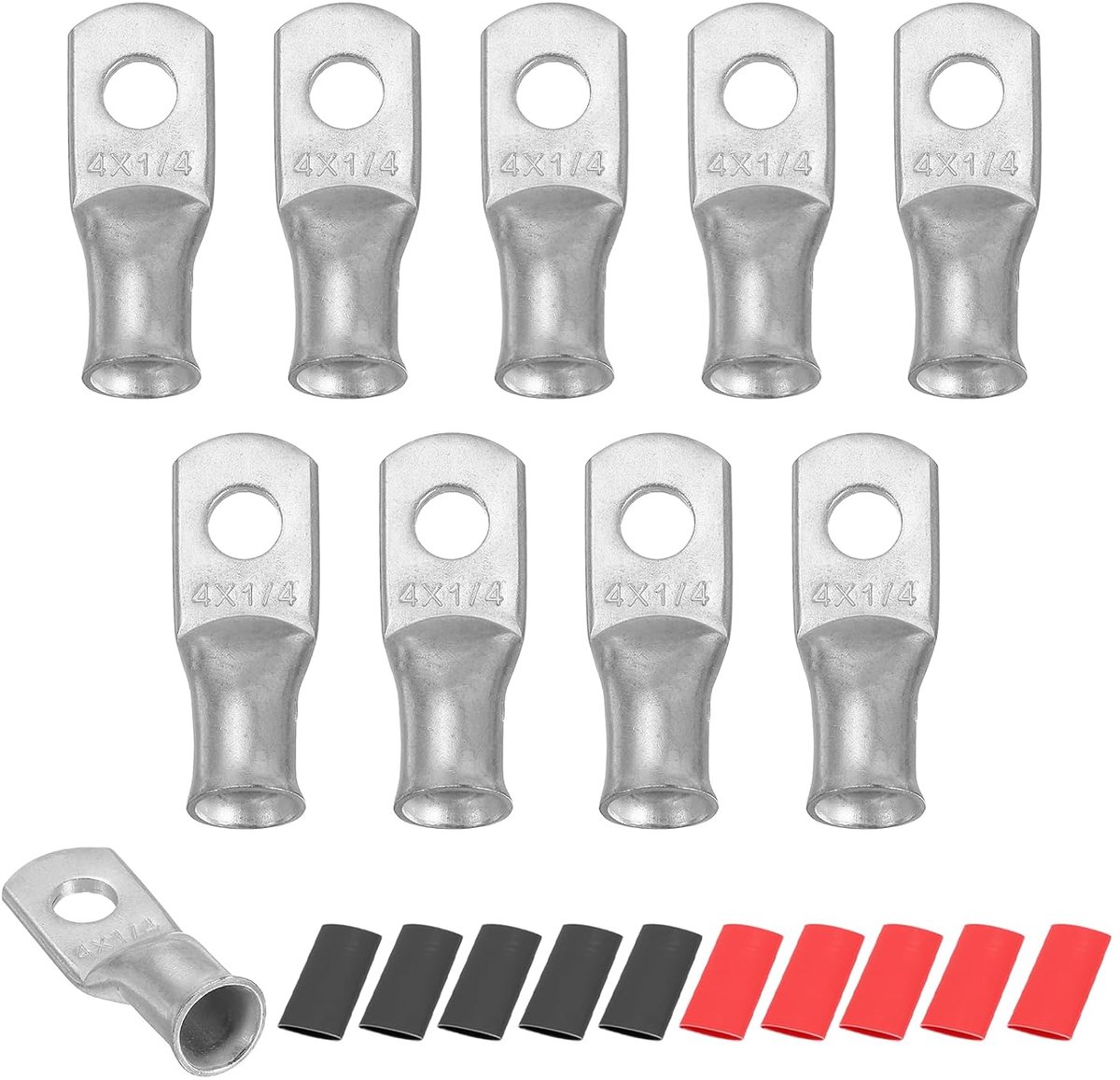 10 stuks ringklemmen voor batterij 4 AWG M6, klemconnector voor krimpkabel van koper met 1/4 inch bouten, 6 mm, krimpkous 2:1, zilverkleurig