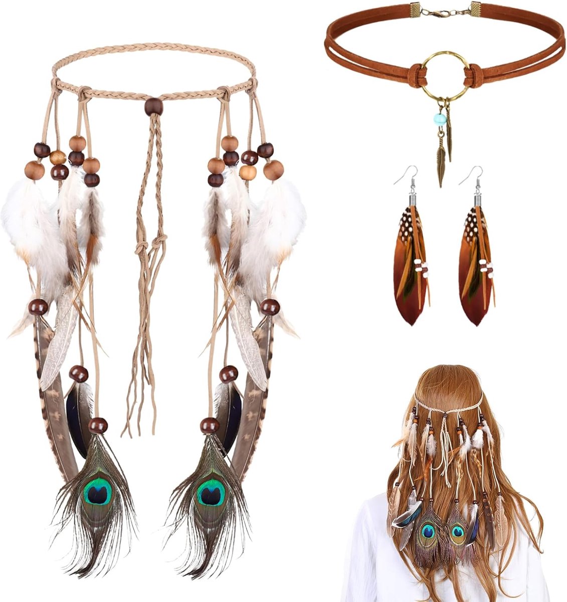 bruin, indianenkostuum voor dames, Indiase hippie, boho, veer, hoofdband, veer, oorbellen, leren halsketting, Boheemse sieradenset voor hippie, vintage, carnaval, sieraden,