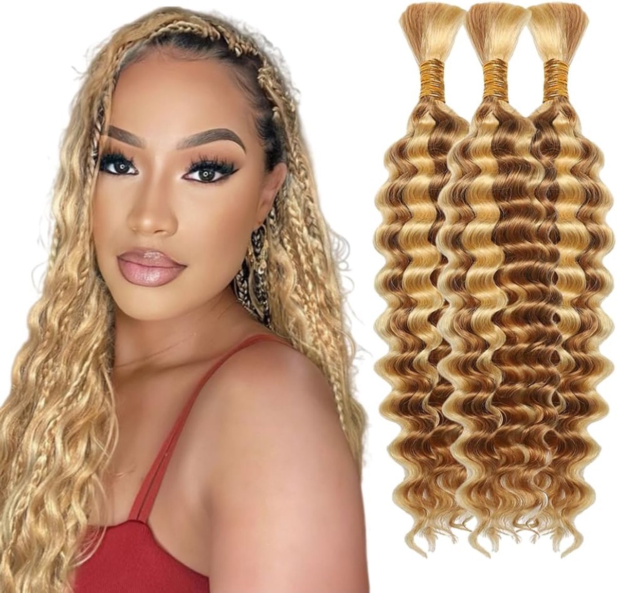 Wave Bulk hair for Braiding #27/613 Highlight Light Blonde Menselijk haar No Weft Premium Braiding Hair Extensions for Boho Braids With Minimal Tangle 3 Bundles/Pack 22 22 22 Inch
