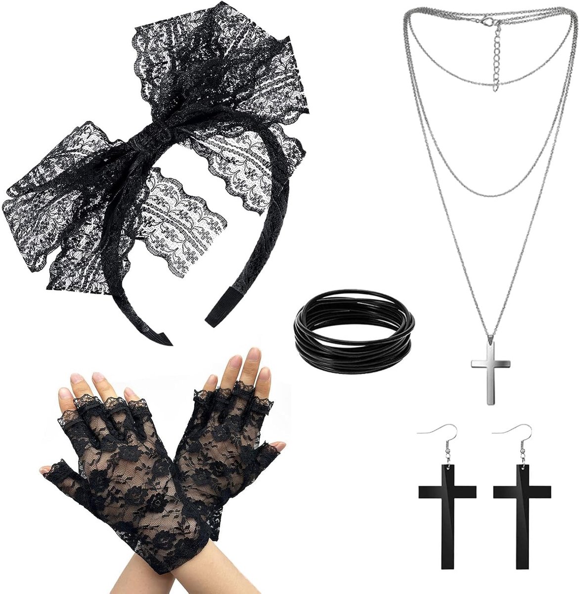 5 stuks dames 80s accessoire fancy dress kostuum en retro party accessoires kant hoofdband oorbellen visnet handschoenen vintage ketting armband voor feest carnaval