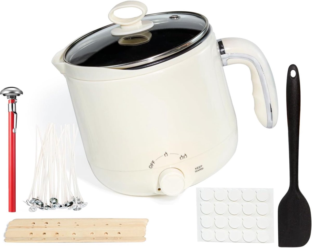 Melter voor het maken van kaarsen non-stick en warm houden 1,8L grote elektrische wax smeltpot met giettuit - lonten, lont stickers, centreerapparaat, lepel, benodigdheden voor het maken van