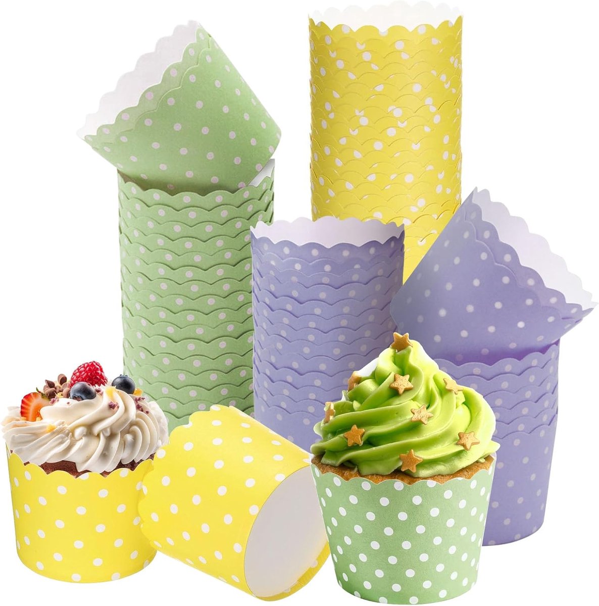 wikkelpapier, 150 stuks muffinvormpjes, muffinvormpjes papier, mini muffin papiervormpjes cupcakevormpjes muffins papiervormpjes voor verjaardagen, bruiloften en feesten (violet, geel, groen)