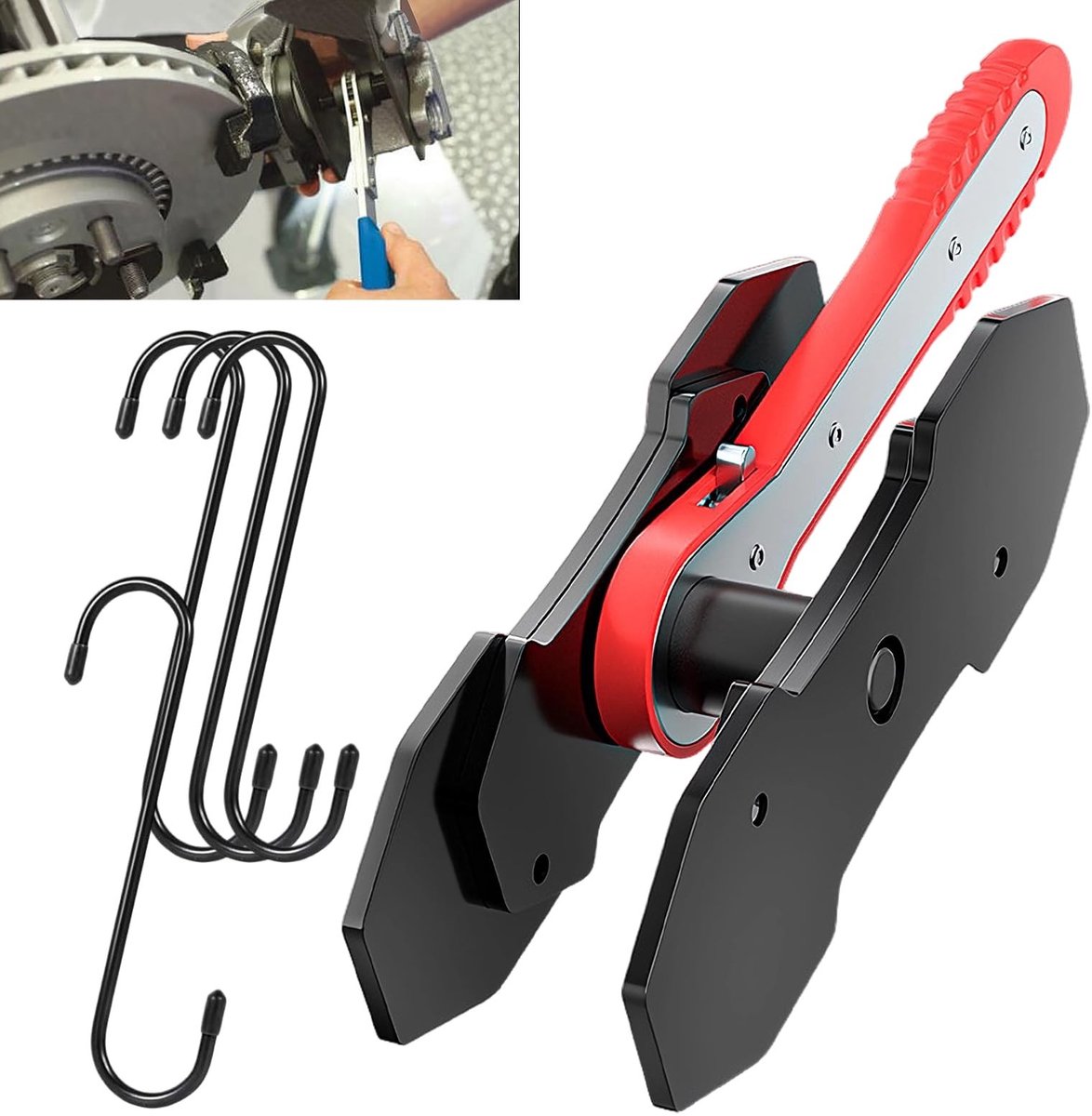 Omgoods - Remklauw Gereedschap met Ratel en 4 S Haken - 260 x 60 mm voor Auto Reparatie
