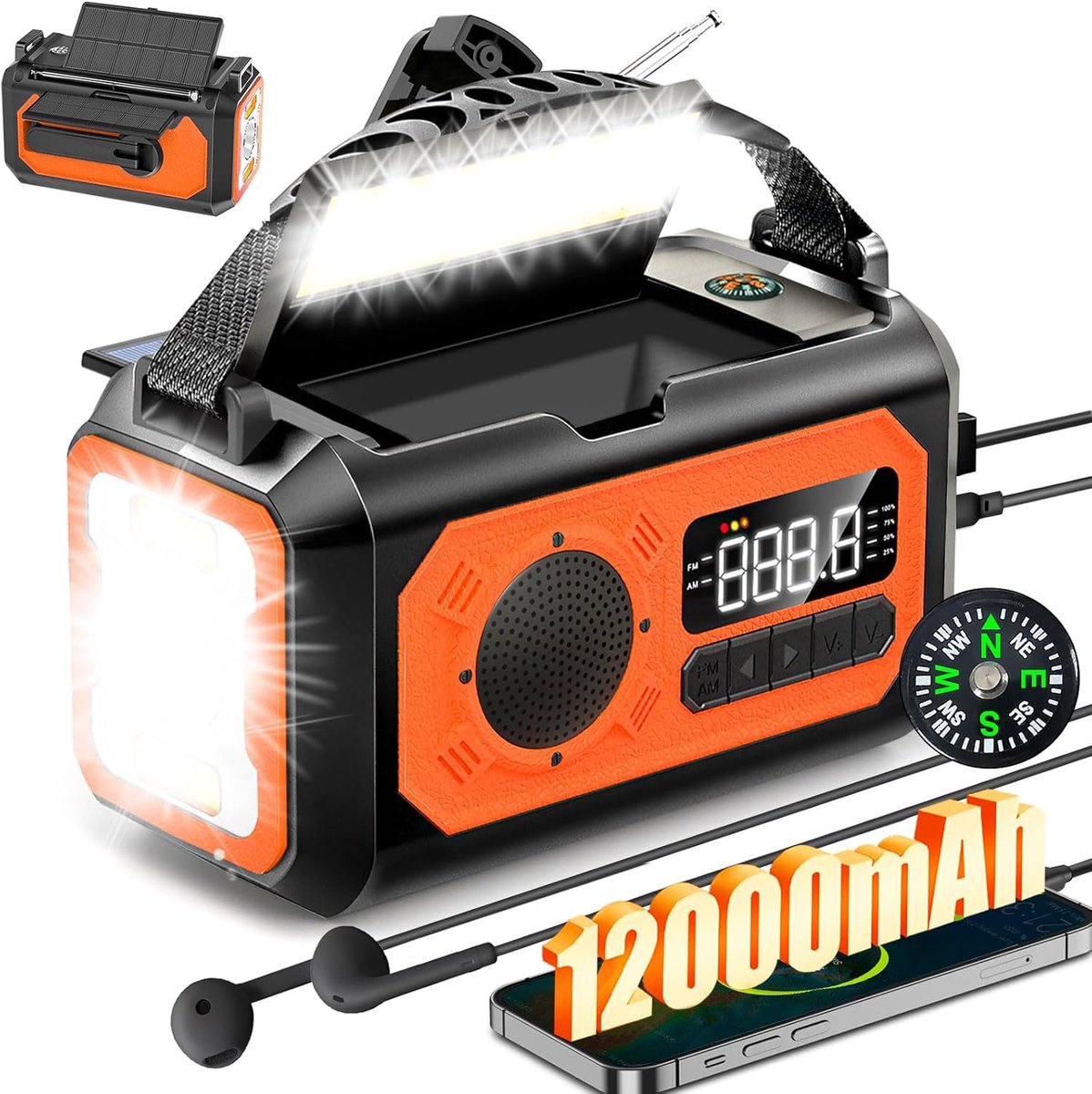 12000mAh Emergency Radio met 2 Zonnepanelen, AM/FM Solar Crank Radio voor Noodgevallen, Zaklamp, Leeslamp, SOS, Kompas voor Hurricane Storm Camping Survival