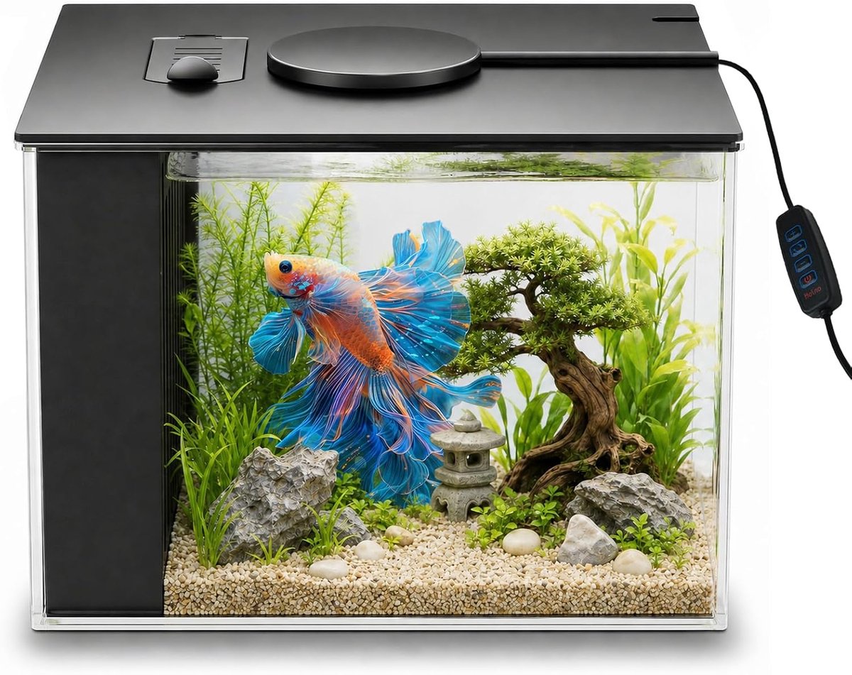 Helder glazen aquarium, klein, complete set, 3,7 l, acryl, nano-aquarium met filterpomp, ledverlichting, aquariumstarterset voor kleine vissen, garnalen en planten (zwart)