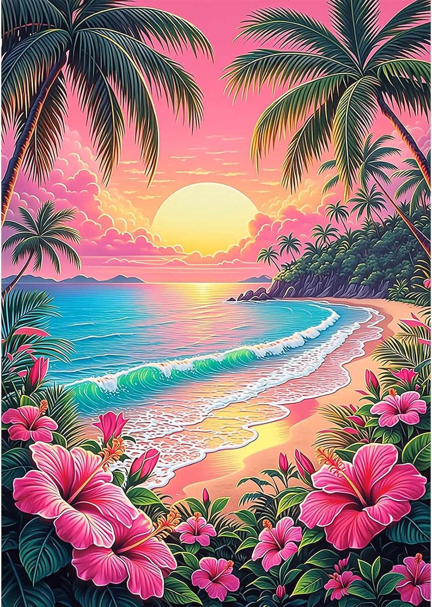 Strand Zonsondergang Diamant Schilderij Set voor Volwassenen, Palmboom en Bloemen 5D Diamant Art, DIY Huisdecoratie Woonkamer 30x40cm