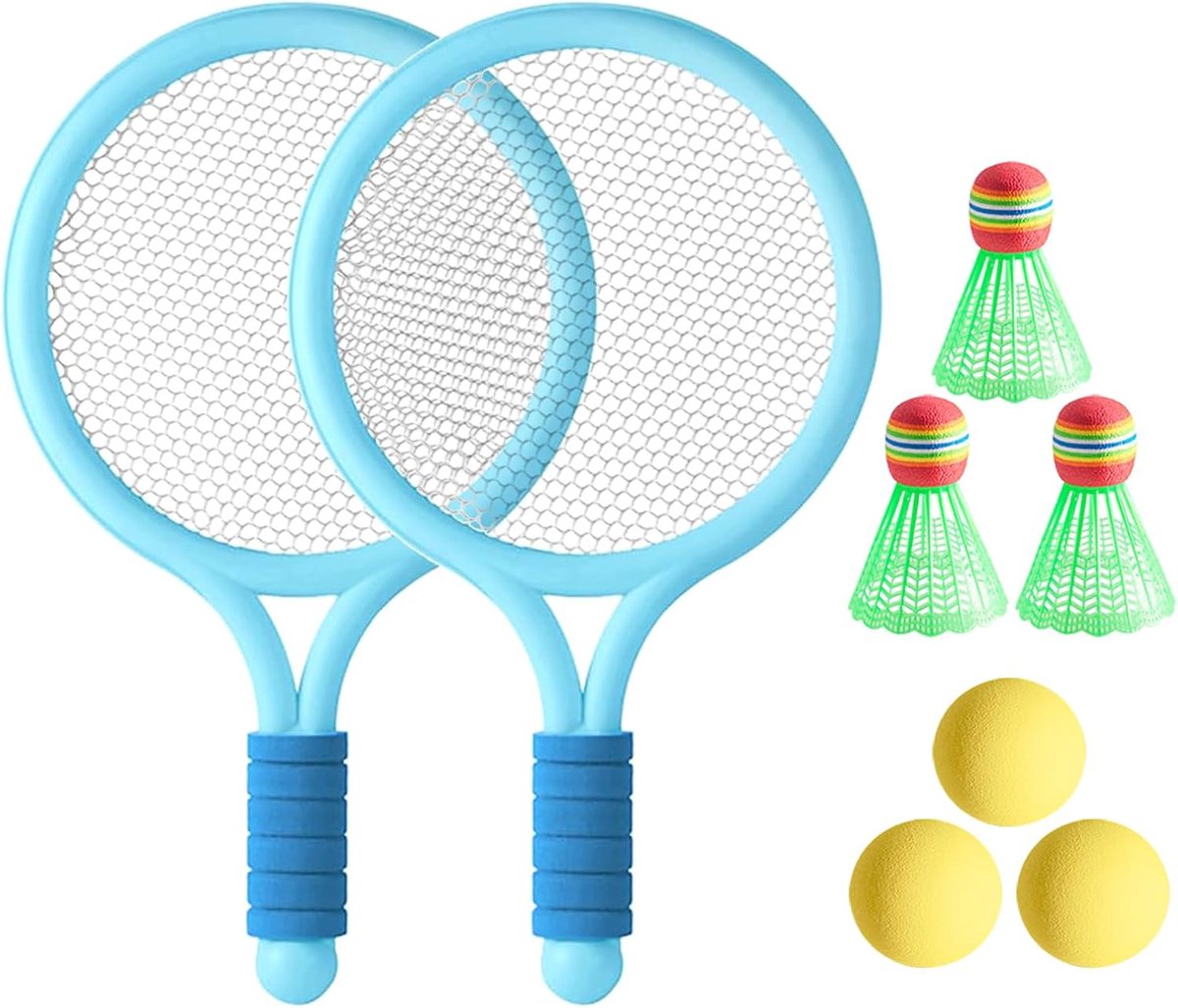 Bobypet - Tennis Racket Kind Set - 2-in-1 Tennis en Badminton Set met 3 Ballen & 3 Pluimpjes - Lichtgewicht Buitenspeelgoed & Indoorspeelgoed - Blauw