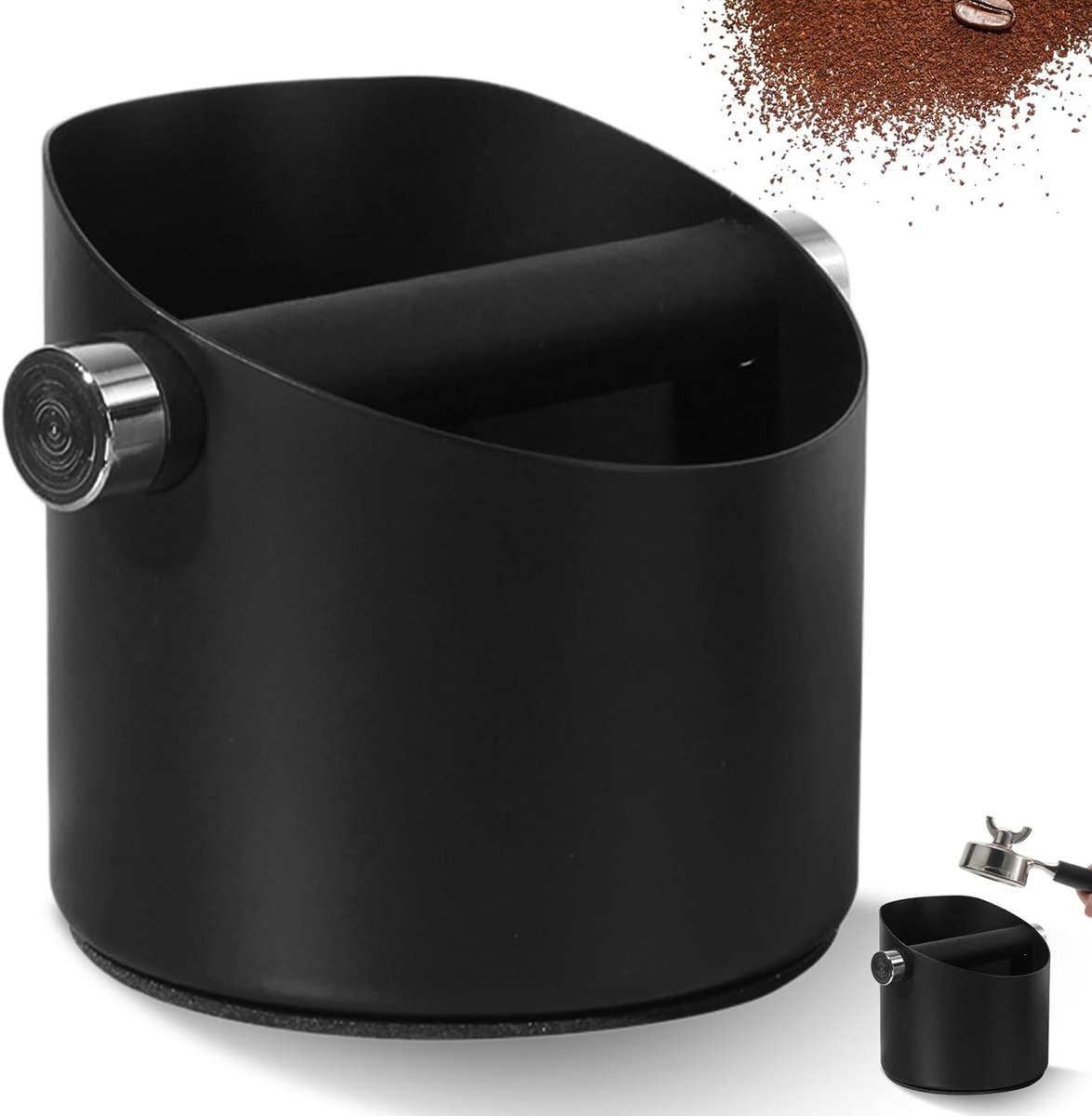 Afklopcontainer voor barista met afneembare klopstaaf, antislip basis en schokabsorberend ontwerp, ideaal voor filterdragers en koffiemachines, accessoires voor koffiezetten
