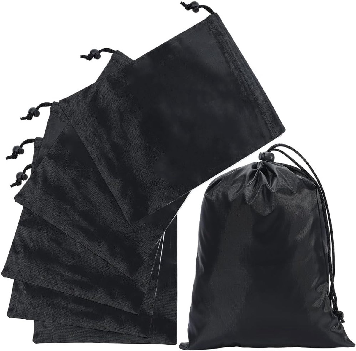 Zwarte opvouwbare zakken met trekkoord en stopper, waterdicht polyester voor sport, reizen en fitnesskleding, 6 stuks, 25 x 20 cm