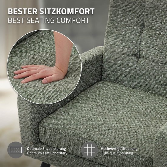 Dichtbijopname van de groene geweven stof van een fauteuil, met een hand die de zitting indrukt. Iconen tonen optimale vulling en hoogwaardige stiksels.