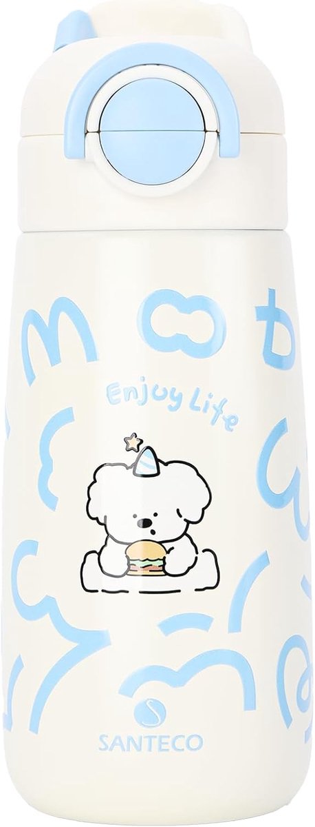 SnelShoppen - Kinderthermosfles 500 ml, Lekvrij, Schattige Thermosfles met Rietje, Roestvrij Staal, Geïsoleerd, BPA-vrij, Blauw Hamburger Puppy-motief