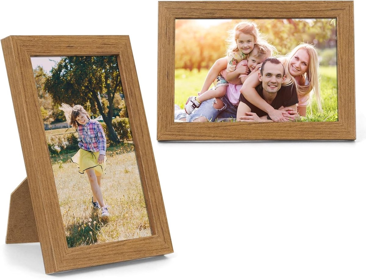 SnelShoppen - 2x Houten MDF Fotolijst 10 x 15 cm - Kleine Decoratieve Fotolijsten met Acrylglas voor Tafel en Wand - Ideaal voor Portretten en Thuisge