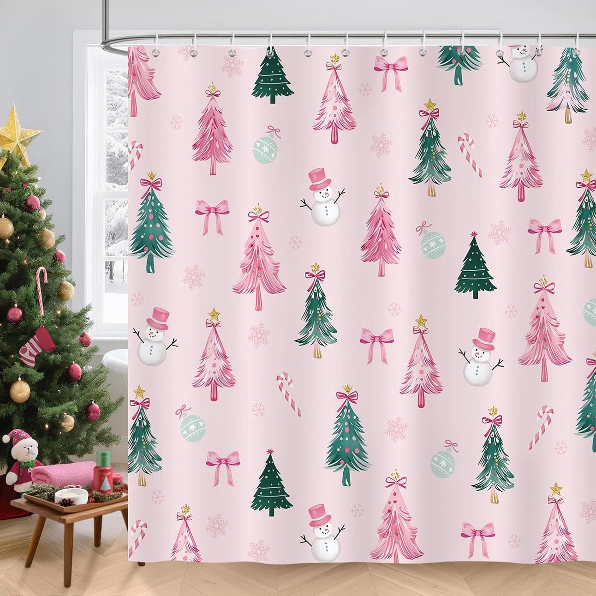 Kerst Douchegordijn 180 x 180 cm met Kerstboom, Sneeuwvlokken en Sneeuwman, Waterdicht en Schimmelbestendig Polyester, Ideaal voor Badkamerdecoratie