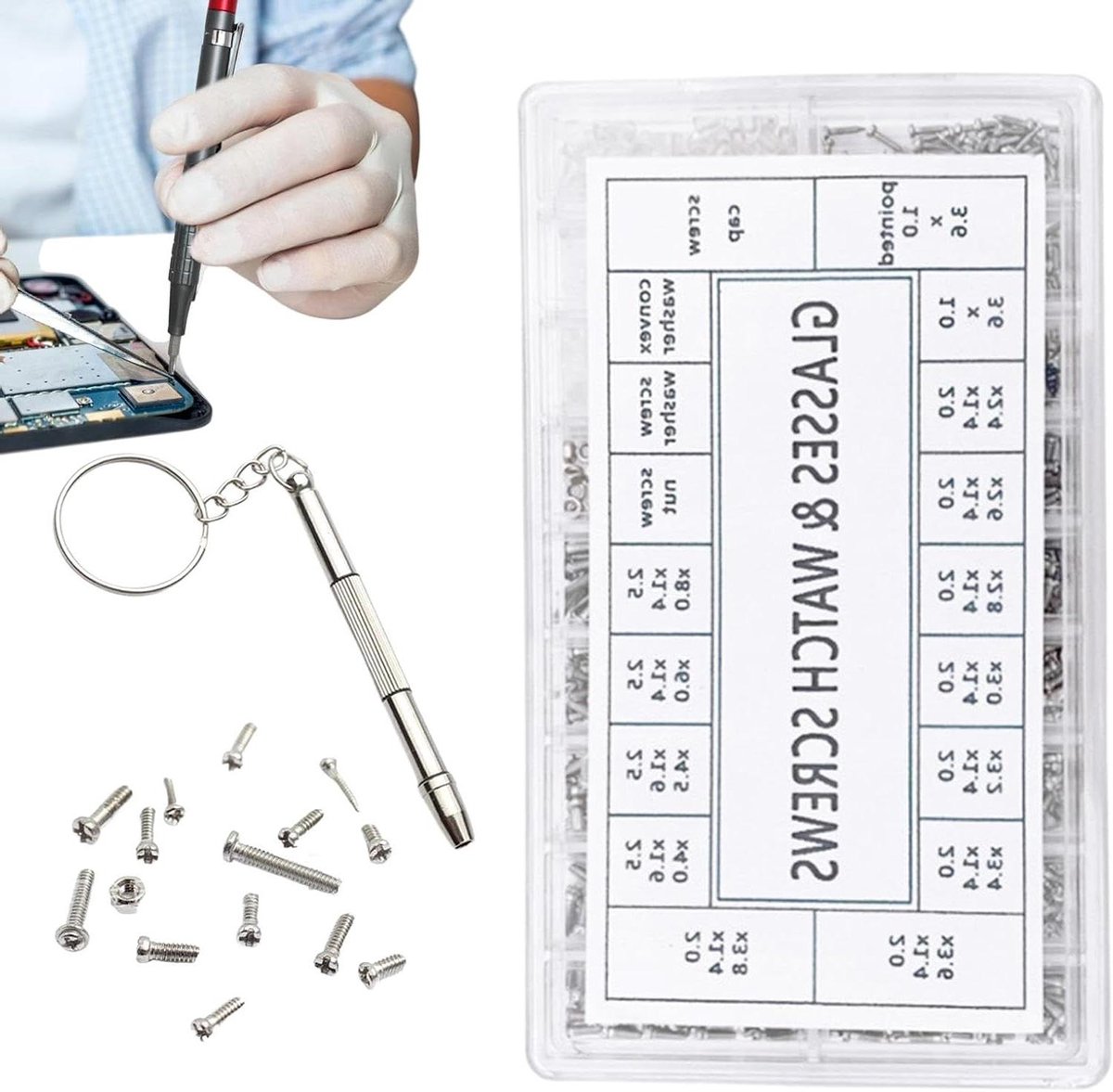 Reparatieset Bril - Schroevenset Horloge - Precisie Reparatie - 1000 Schroeven en Moeren - 10.8x6.5x1.3cm - Zilver