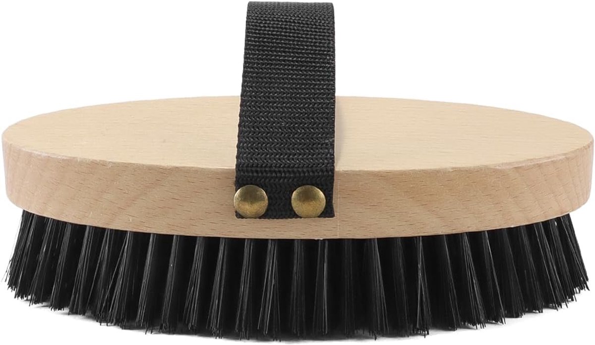 Reinigingsborstel, zachte paardenborstel met houten handvat en nylon band, zwart