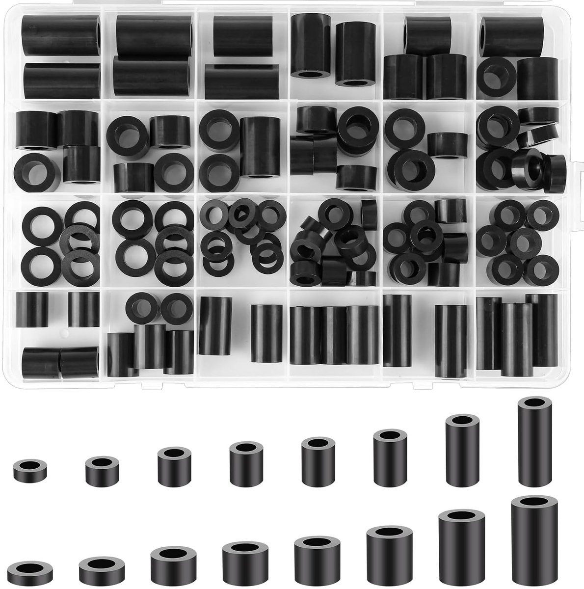 110 stuks ronde afstandhouderkit, afstandshulzen voor M8 M6, ABS nylon afstandschijven zwart met opbergdoos, afstandhulzen nylon sluitringen isolatie sluitringen
