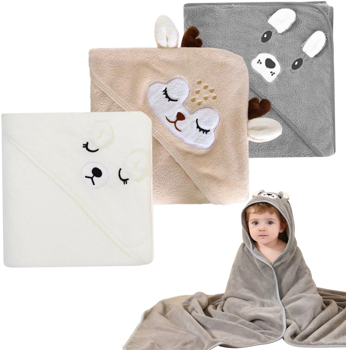 Omgoods - Set van 3 Baby Hooded Handdoeken met Diermotieven