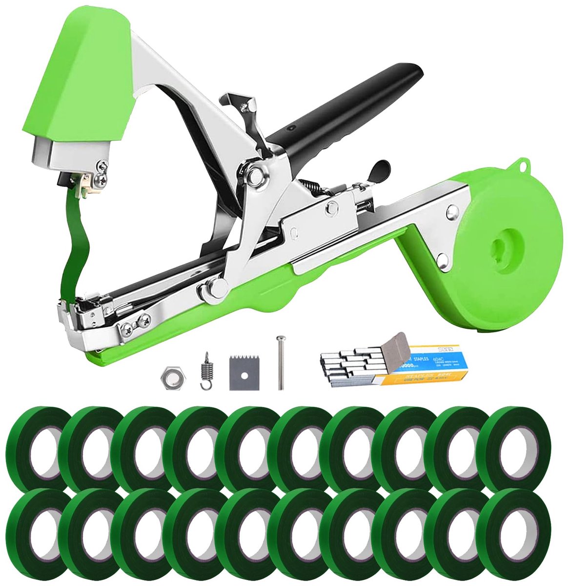 Omgoods- Bindtang - Plantenbindmachine met 1 doos nietjes - 20 rollen Tuin Vine Binden Tape - Ondersteuning voor Druiven/Tomaten - Efficiënte Eenhandige Bediening - Verbetert Werkefficiëntie - Plantenbinder