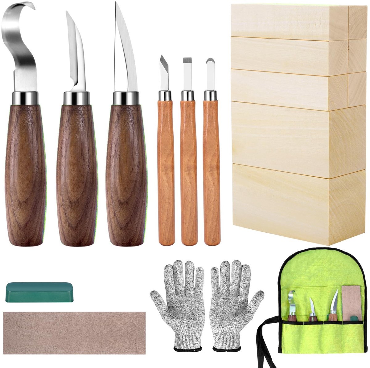 Omgoods - Houten Whittling Kit voor Beginners met 8 Basswood Carving Blocks en 6 Snijgereedschappen