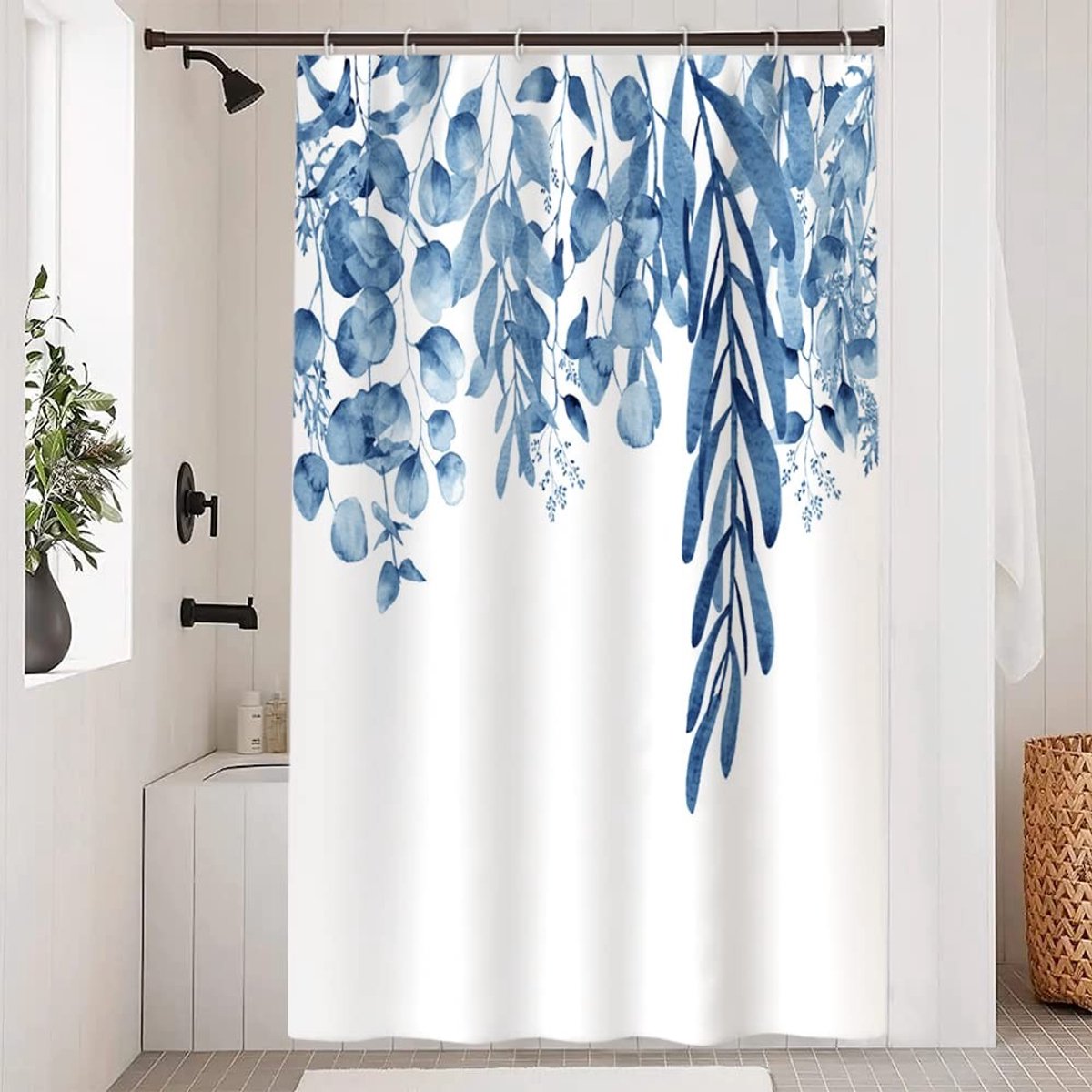 Omgoods - Douchegordijn Eucalyptus Blauw-Wit - Waterdicht en Schimmelbestendig 120 x 200 cm