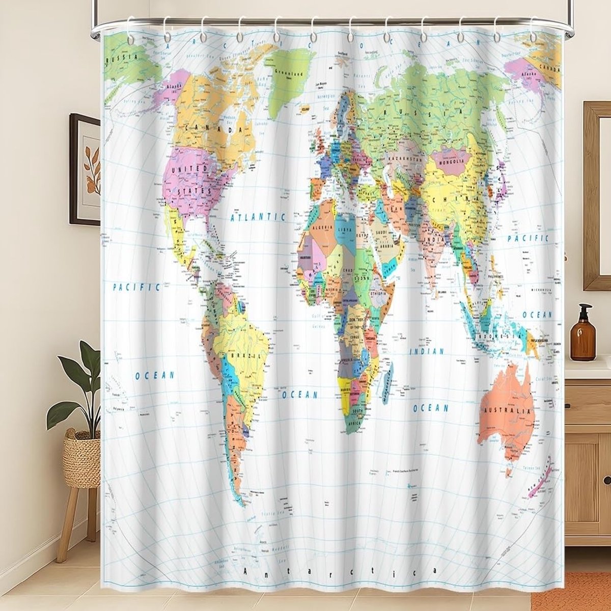 Omgoods - Wereldkaart Douchgordijn Kleurig 240x180cm