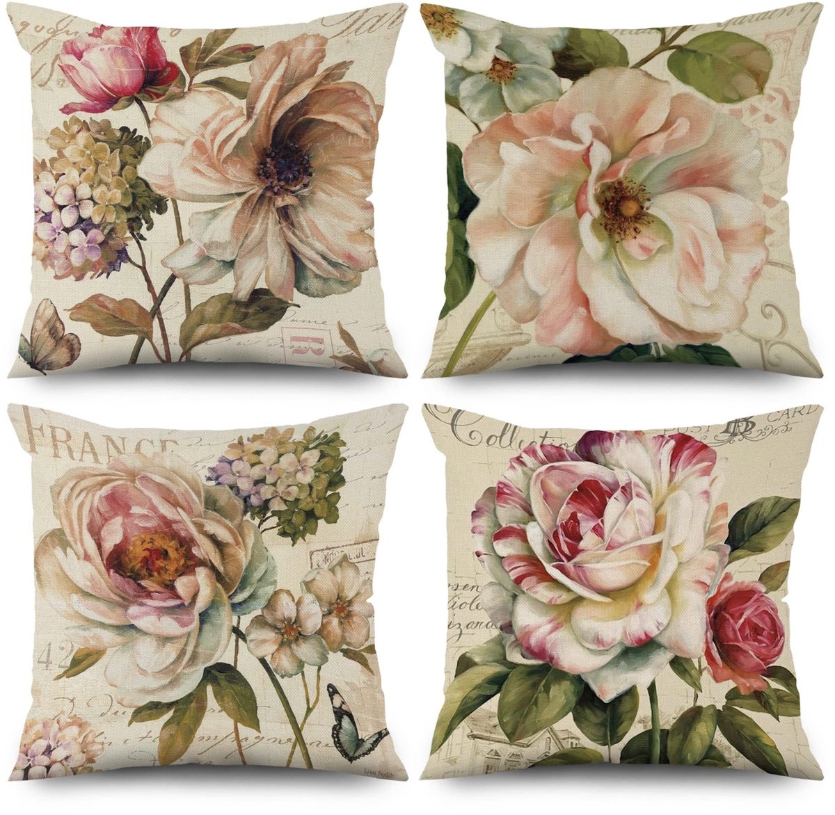 Omgoods - Set van 4 Retro Bloemen Kussenhoezen 40x40 cm - Vintage Roze Bloemen Beige