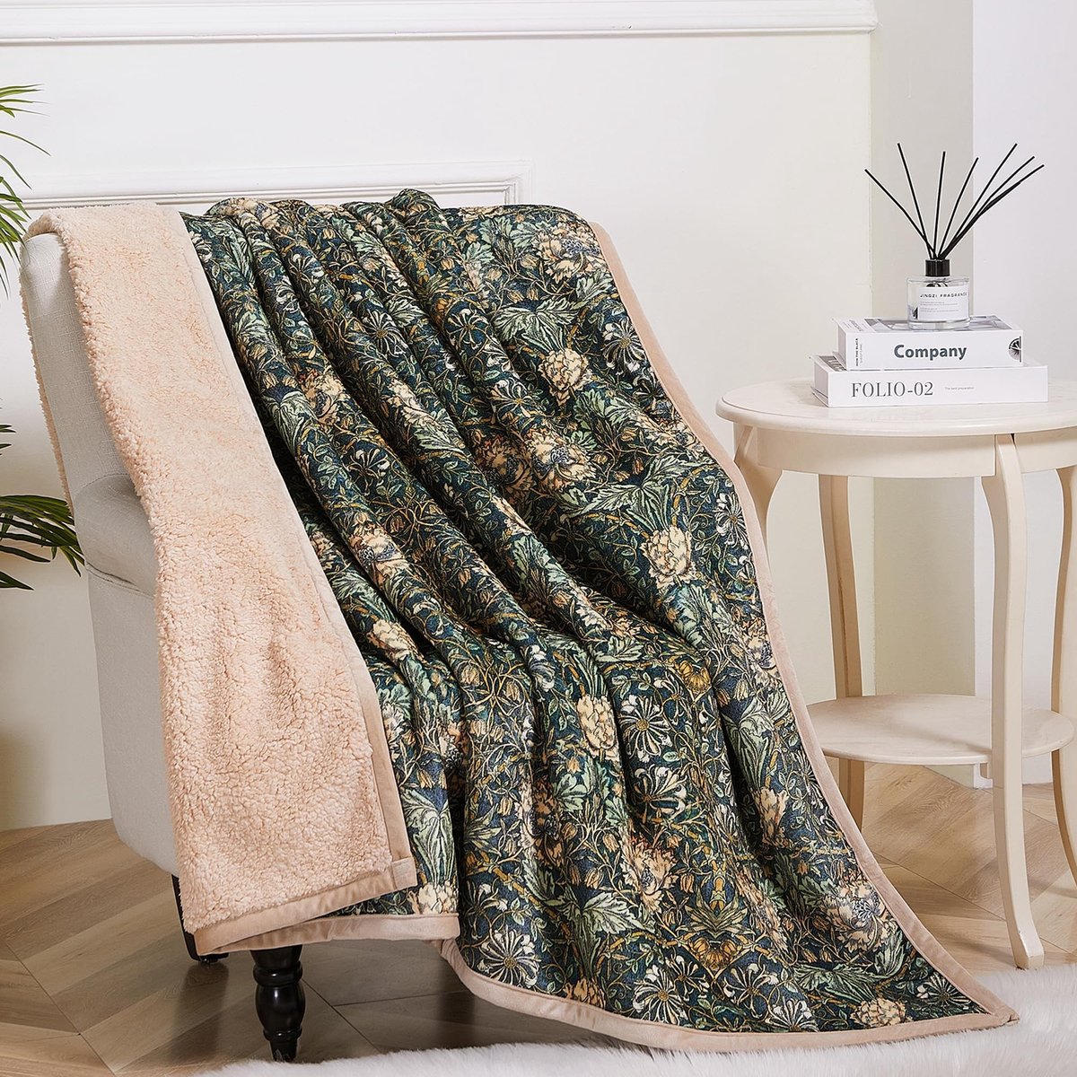 Omgoods - William Morris Sherpa en Fleece Dekentje, Zacht Microfiber Throw (Honeysuckle, 150 x 130 cm)