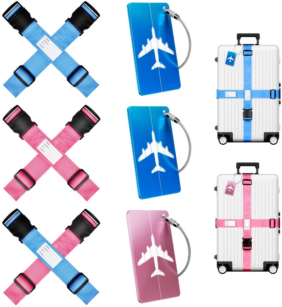 Omgoods - 6 Koffers Stropen + 3 Naamlabels - Gepersonaliseerde Bagagestraps in Blauw-Roze