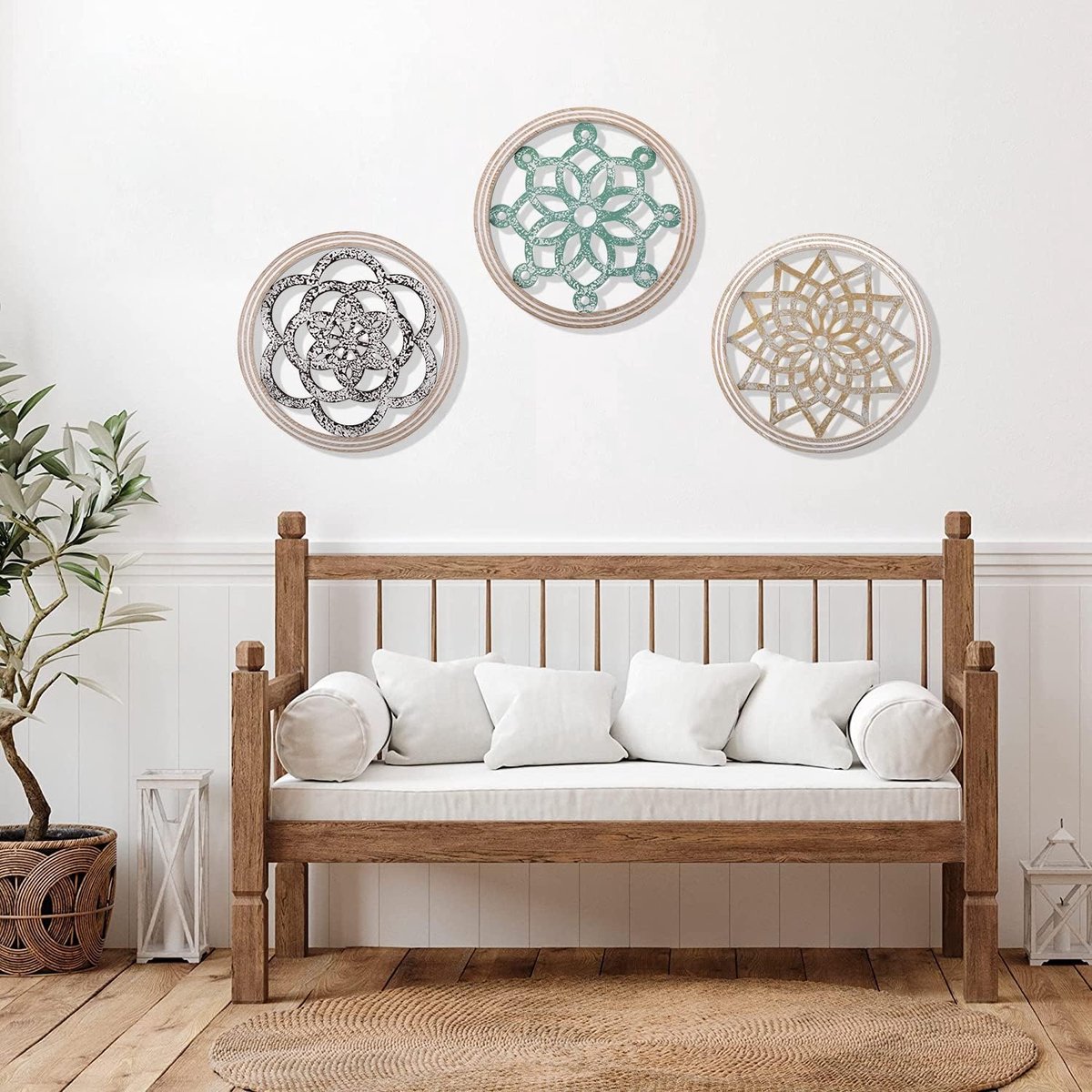 3 stuks, rustieke wanddecoratie, ronde boerderij, wanddecoratie, metaal met houten frame, wandversiering, decoraties voor huis, woonkamer, eetkamer, slaapkamer, keuken, gang, 30 cm, kleurrijk