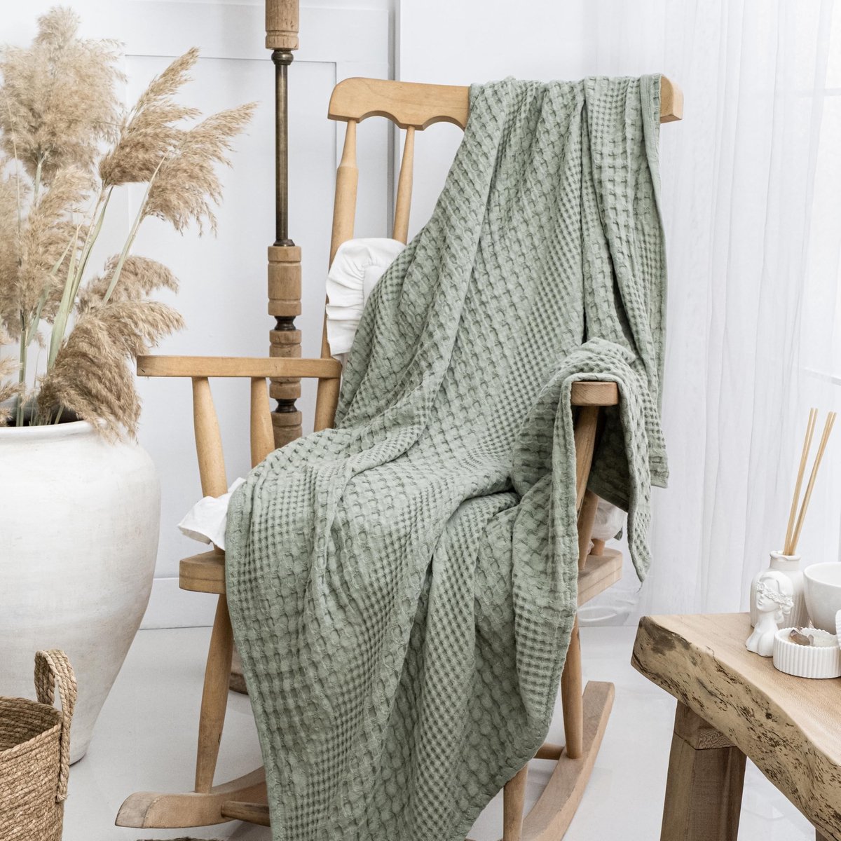 Omgoods - 100% Katoenen Sofa Blanket 170x250cm - Saliegroen Beddeken voor Dubbel Bed