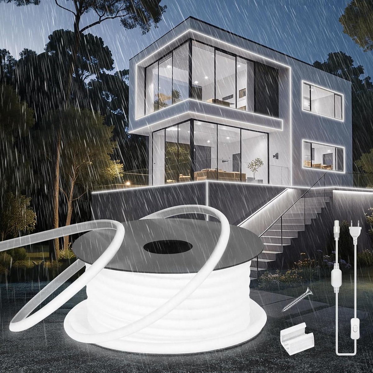 Led Strip 15m, Silikon Wasserdicht Feuerfest IP65 COB Neon LED Streifen Weiß 6000K 10mm Led Lichterkette Außen 230V Flexibler DIY Lichtband mit Netzteil für Innen Aussenbereich Deko