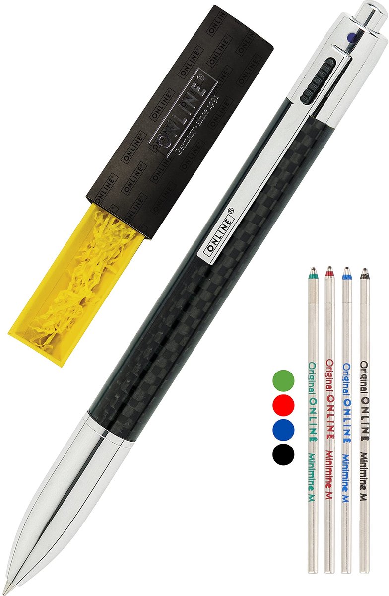 Omgoods - Online Multifunctionele Balpen met 4 Kleuren - Carbon Design, Inclusief Vervangingen in Cadeauverpakking