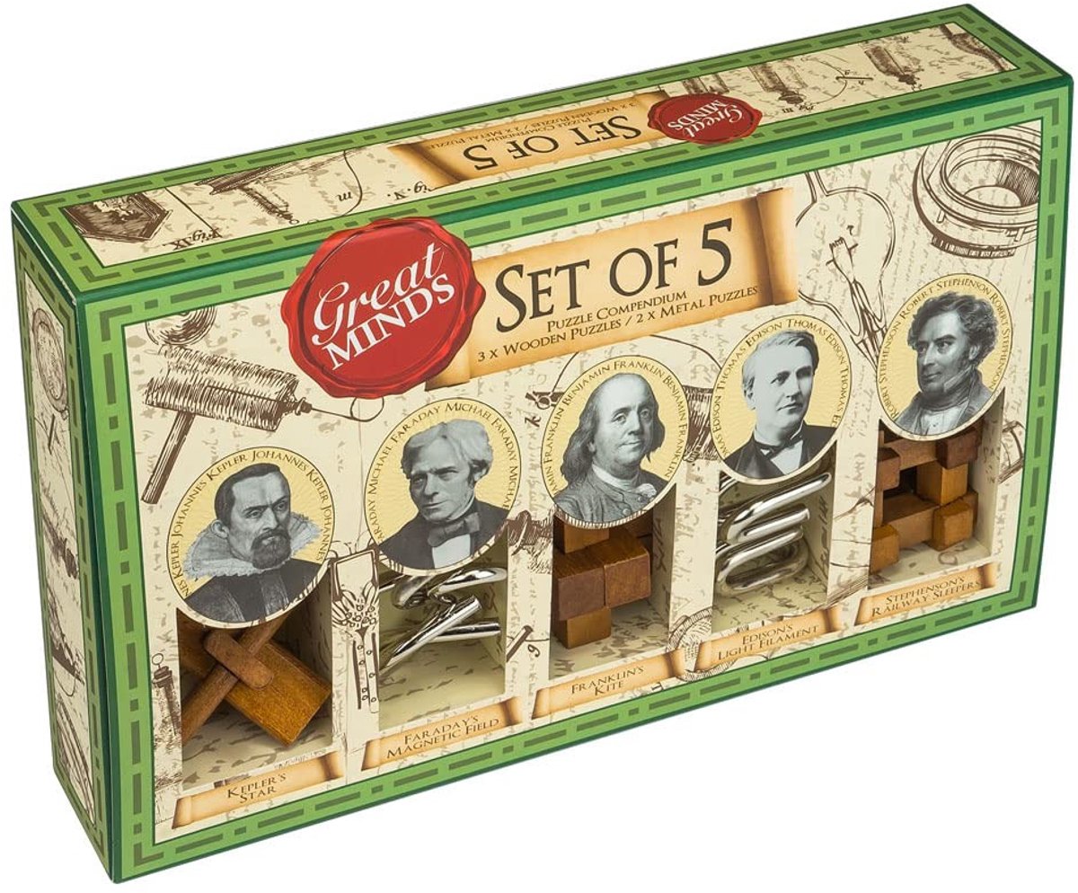 Omgoods - Set van 5 Puzzels - Houten en Metalen Puzzels voor Volwassenen