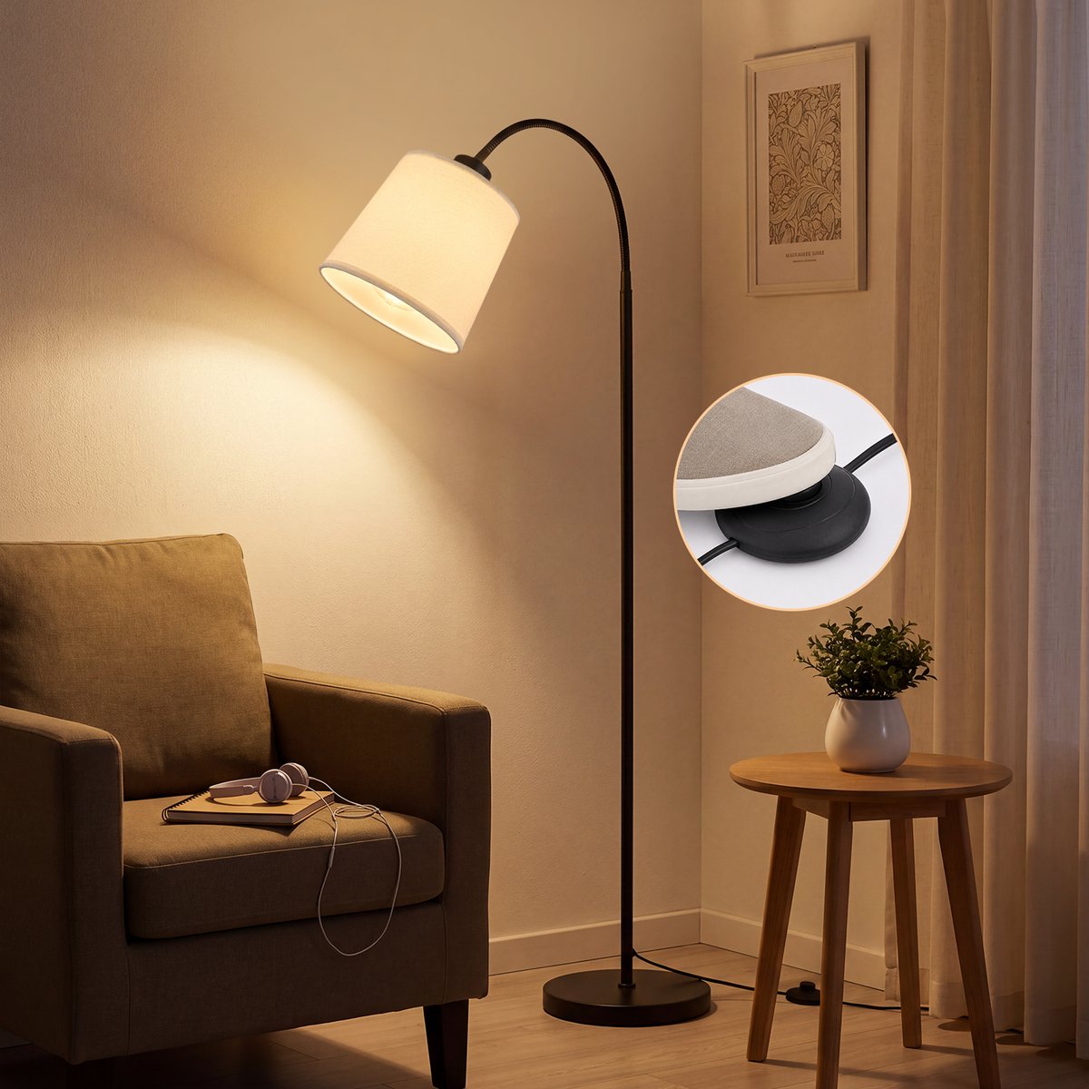 NETTLIFE Staande Lamp 160 cm - Moderne Standlamp met Beige Stoffen Kap | 360° Draaibaar | Met Voetschakelaar | E27 Fitting | Leeslamp voor Woonkamer Slaapkamer & Kinderkamer - Zonder Lamp