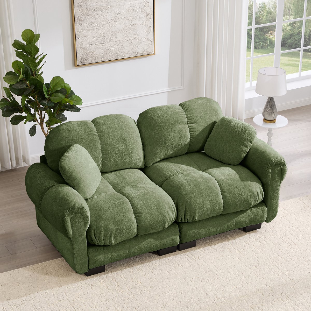 OKWISH Zitbank 190 x 86 x 90 cm - 2-Zits Modulaire Bank Met Gequilte Zitkussens - Ergonomisch Comfort Voor Woonkamer - Chenille - Groen