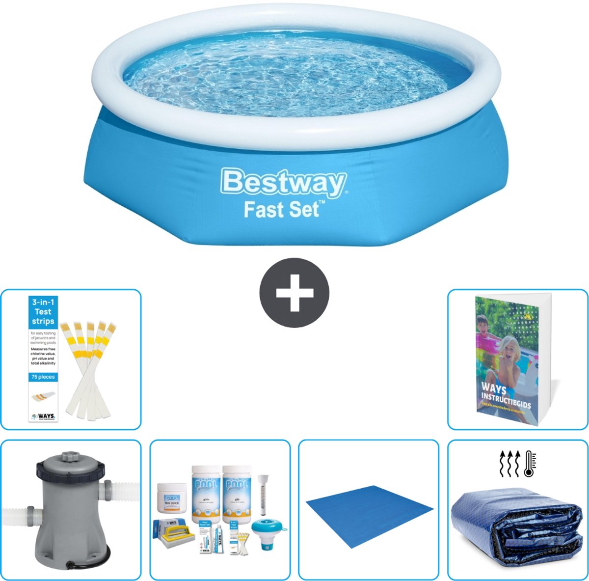 Bestway Rond Opblaasbaar Fast Set Zwembad - 244 x 61 cm - Blauw - Inclusief Pomp - Onderhoudspakket - Grondzeil - Solarzeil - 7-delig