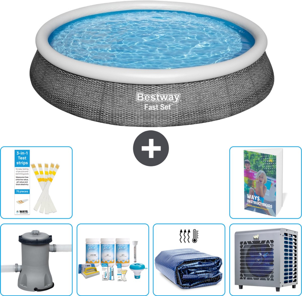Bestway Rond Opblaasbaar Fast Set Zwembad - Rotanprint - 396 x 84 cm - Inclusief Pomp - Onderhoudspakket - Solarzeil - Warmtepomp - 7-delig