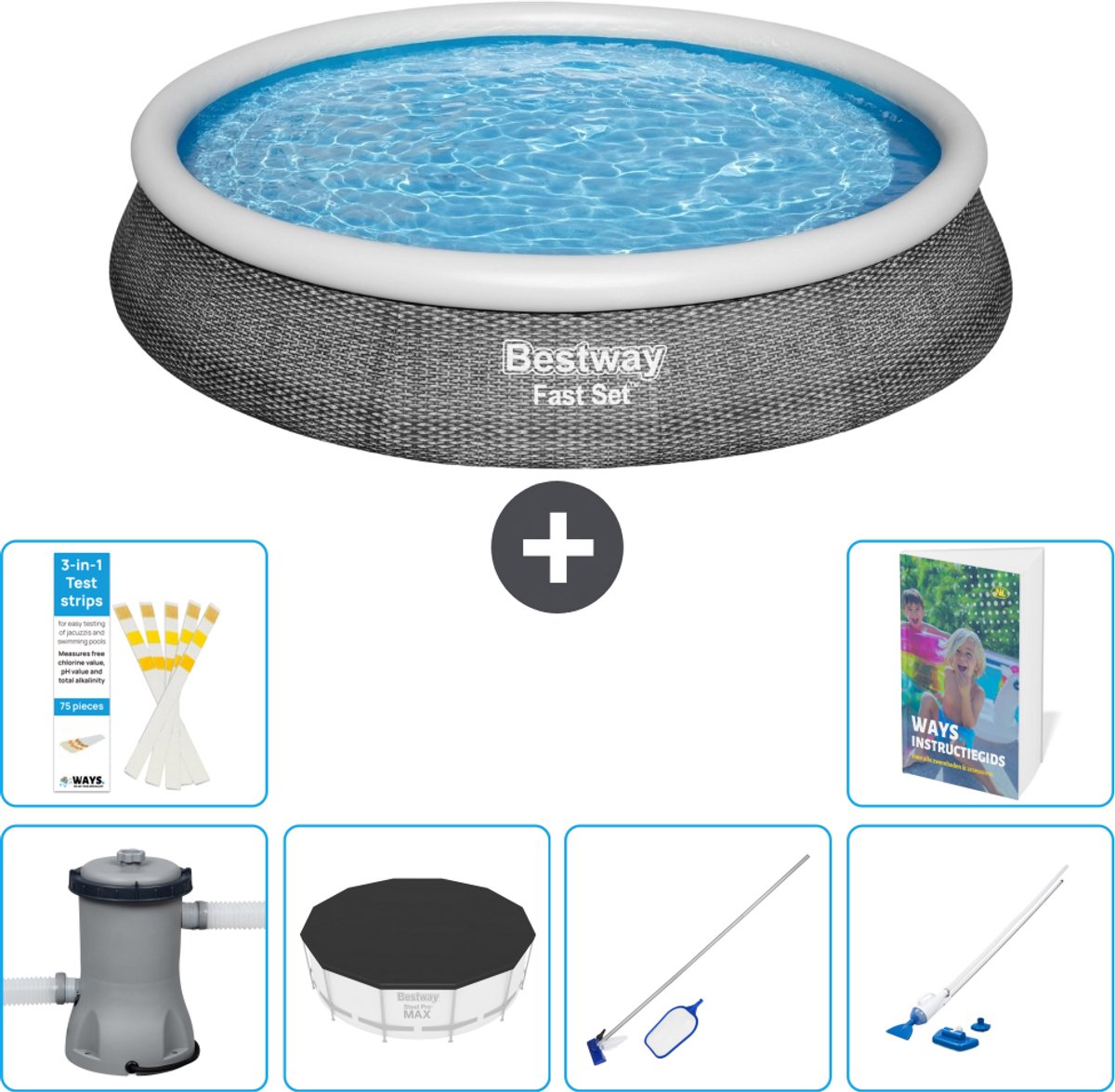 Bestway Rond Opblaasbaar Fast Set Zwembad - Rotanprint - 396 x 84 cm - Inclusief Pomp - Afdekzeil - Schoonmaakset - Stofzuiger - 7-delig
