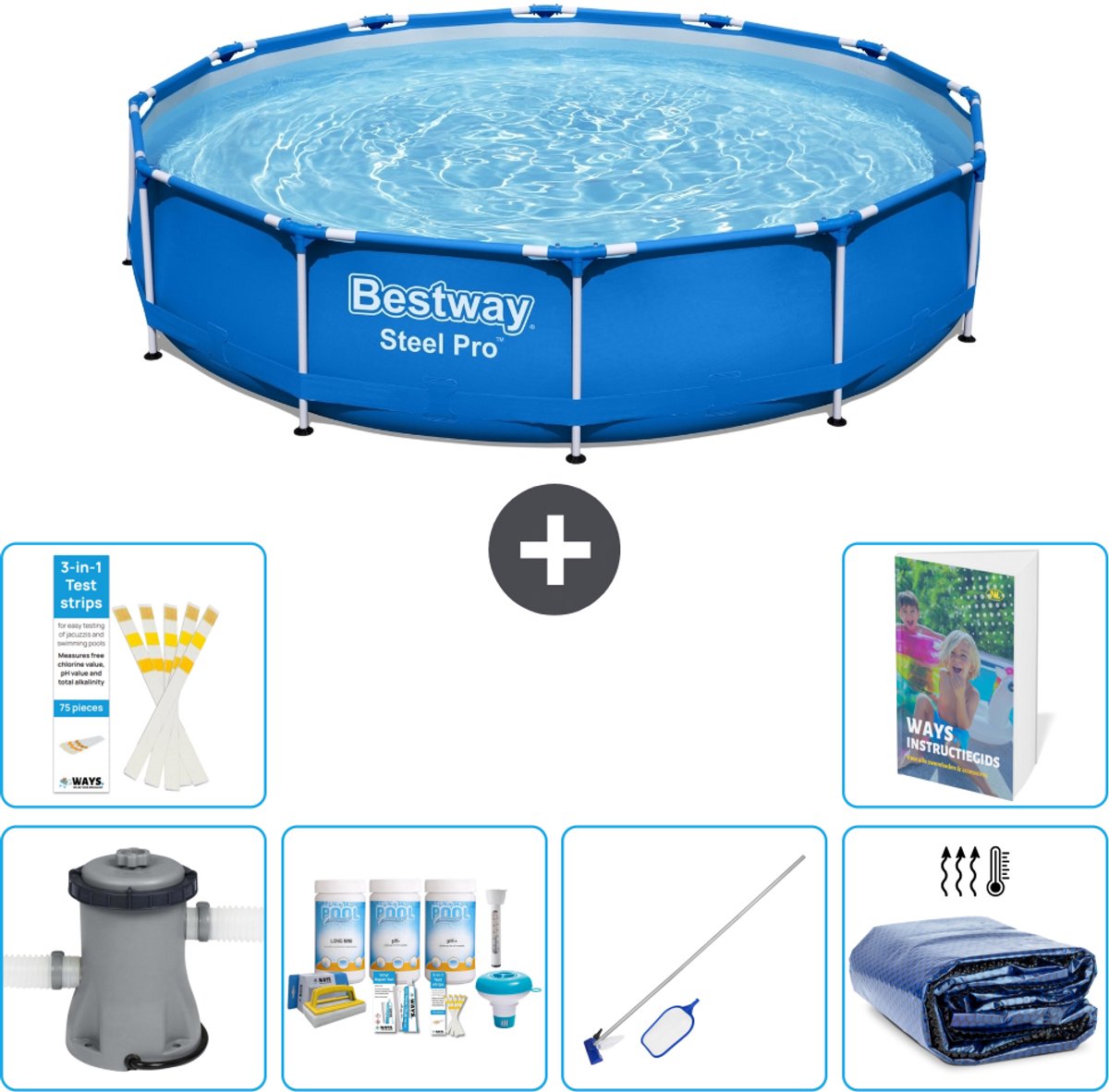 Bestway Rond Steel Pro Zwembad - 366 x 76 cm - Blauw - Inclusief Pomp - Onderhoudspakket - Schoonmaakset - Solarzeil - 7-delig