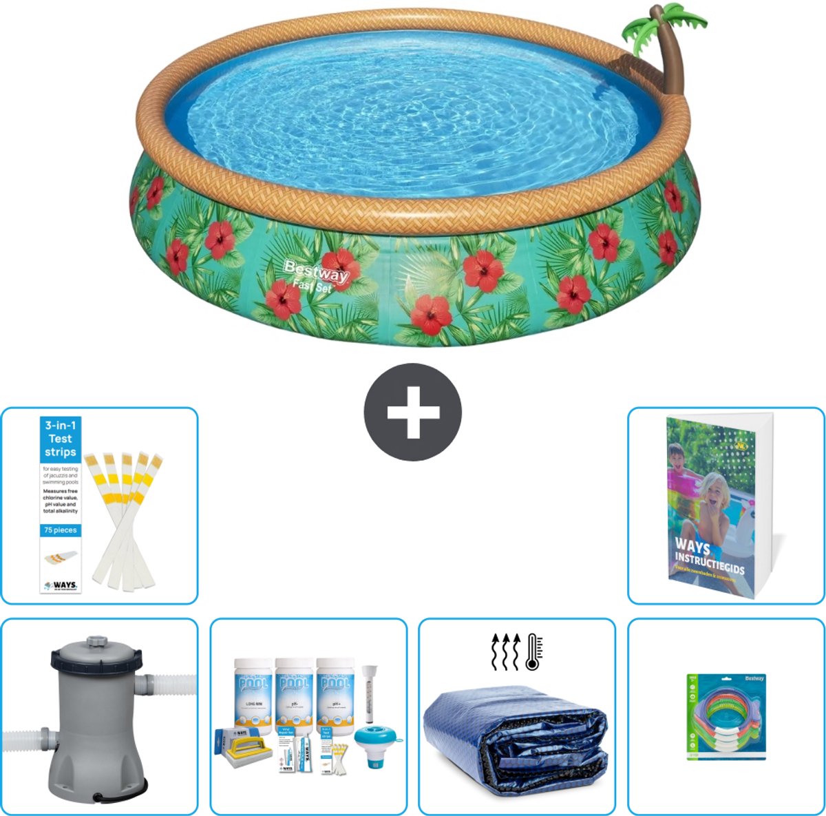 Bestway Rond Opblaasbaar Fast Set Zwembad - Paradijsprint - 457 x 84 cm - Inclusief Pomp - Onderhoudspakket - Solarzeil - Speelgoed - 7-delig
