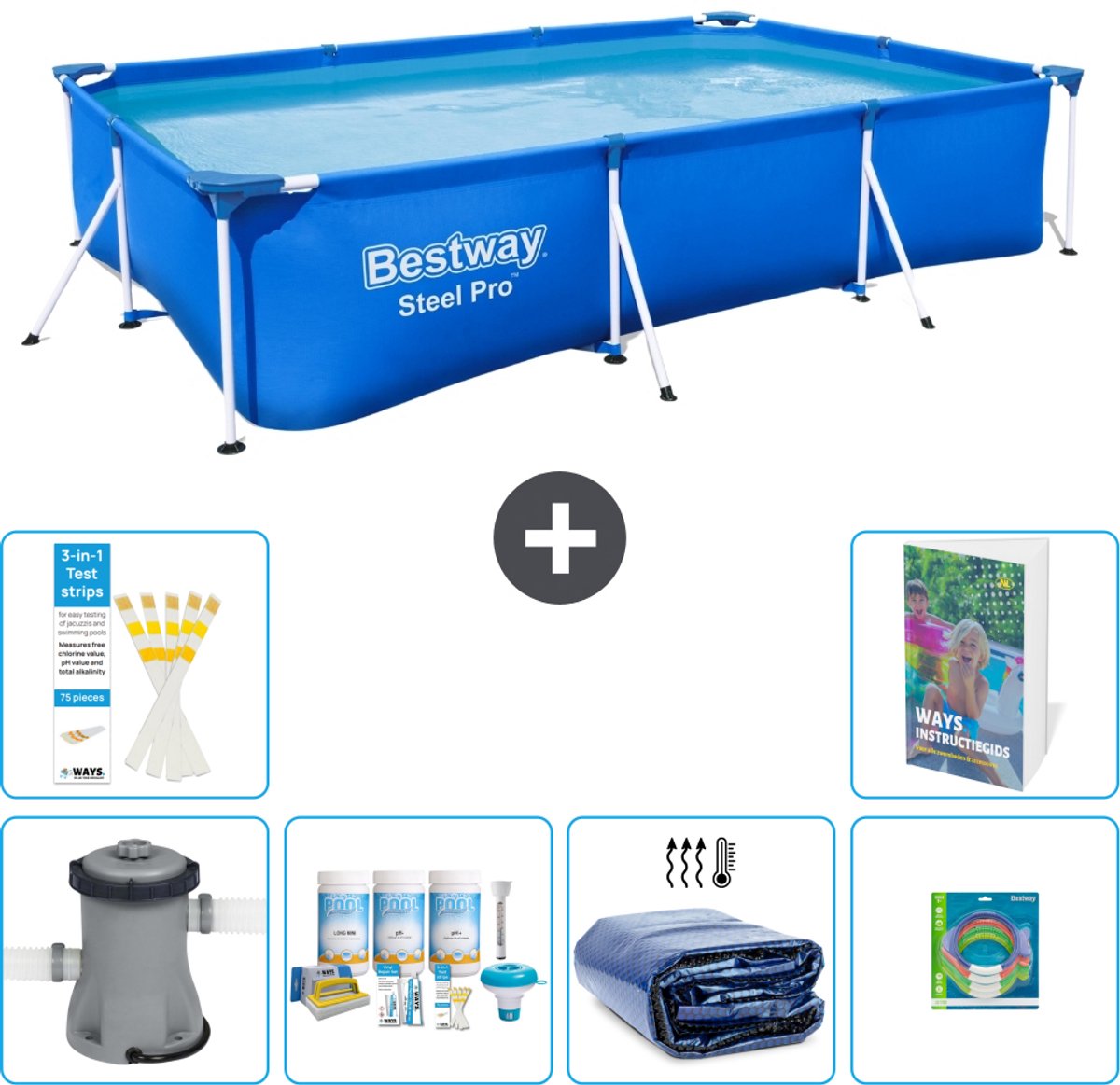 Bestway Rechthoekig Steel Pro Zwembad - 300 x 201 x 66 cm - Blauw - Inclusief Pomp - Onderhoudspakket - Solarzeil - Speelgoed - 7-delig